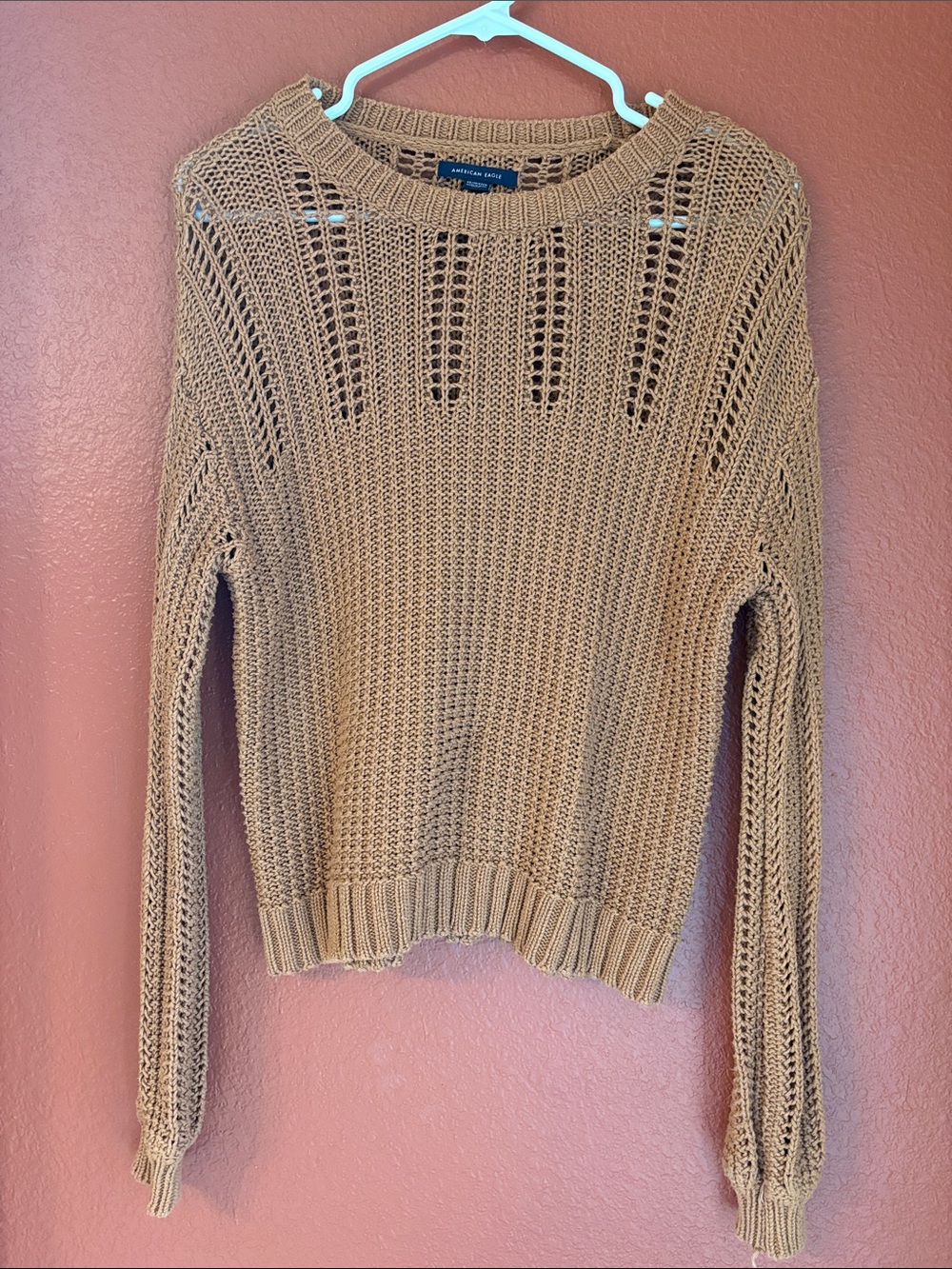 American Eagle Outfitters Open‑Knit Crewneck Sweater in Camel